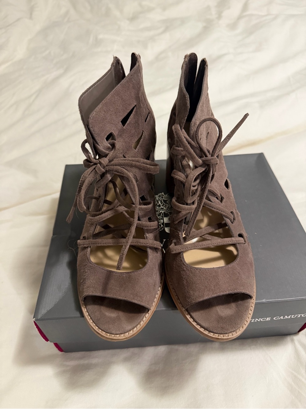 Vince Camuto Taupe Brown Suede Cutout Lace-Up Open-Toe Booties - Picture 2 of 7
